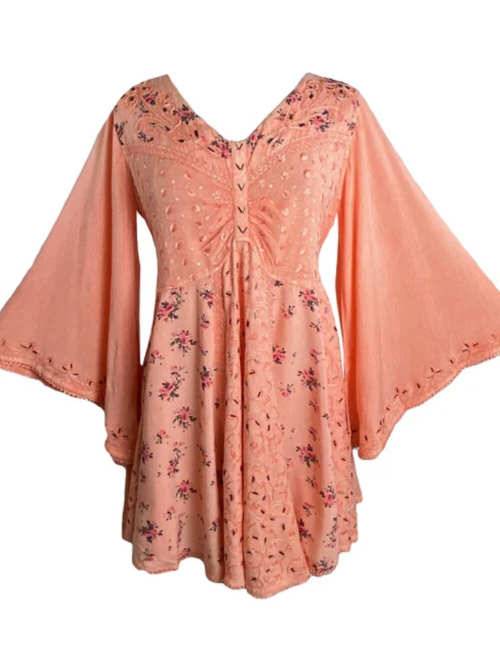 Agan Traders empire butterfly bell sleeve printed sequin bead flared boho peach